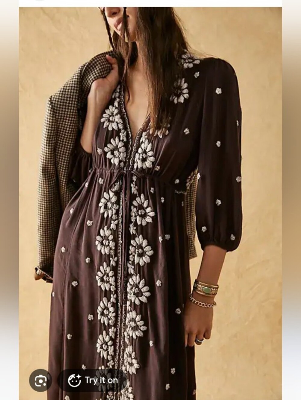 Free People Embroidered Fable Midi Dress - Chocolate Merlot Brown Boho - Size Sm